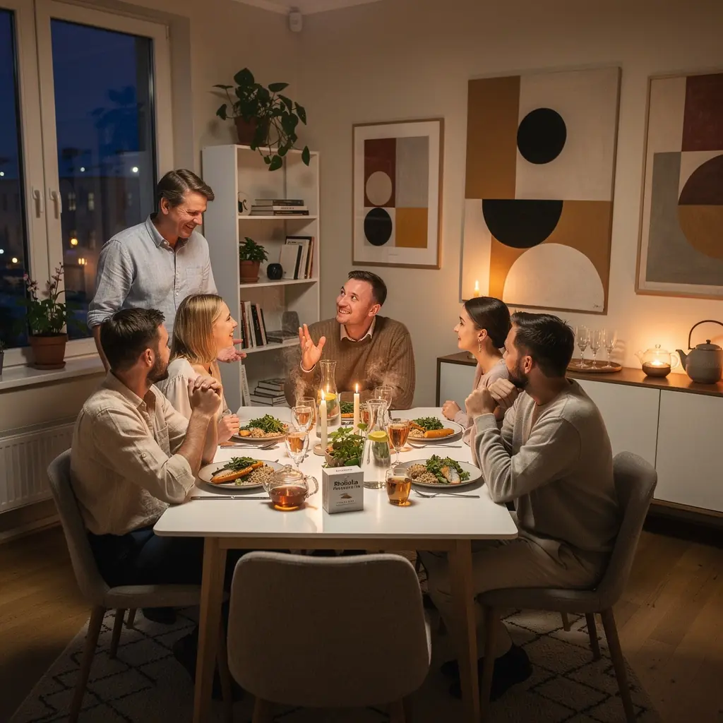 Puodelis šiltos Rhodiolos arbatos, garuojantis ir kvapnus, šalia natūralių ingredientų.