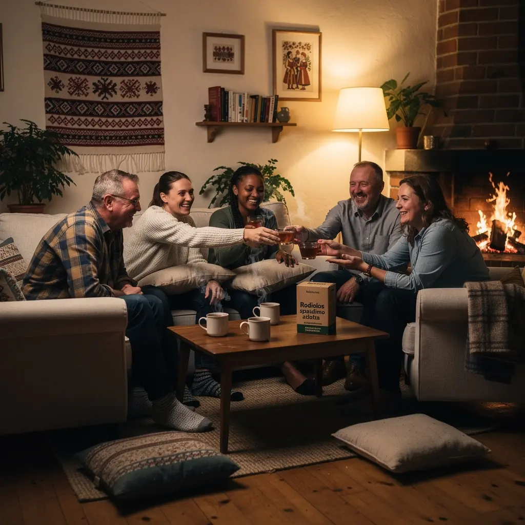Rhodiolos arbatos pakelis su žaliais ir raudonais akcentais, simbolizuojantis natūralumą.