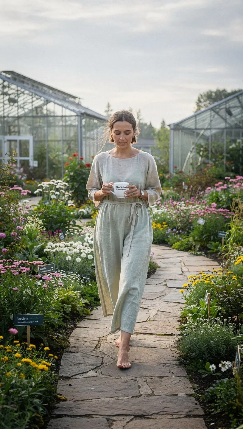 Rodijolos arbata puodelyje, skleidžianti kvapą, simbolizuojanti sveiką kraujospūdį.