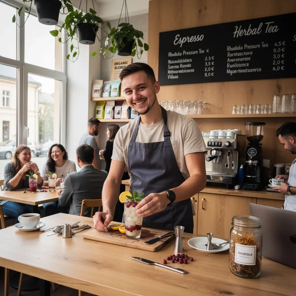 Rhodiola arbatos gaminimo procesas su verdančiu vandeniu