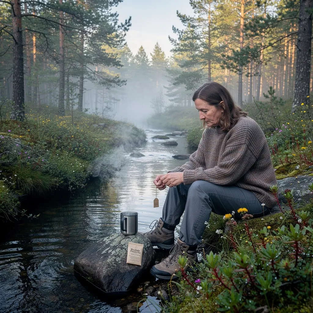 Arktinės gamtos vaizdas, kuriame auga rodijola, simbolizuojanti adaptogeninius gebėjimus.