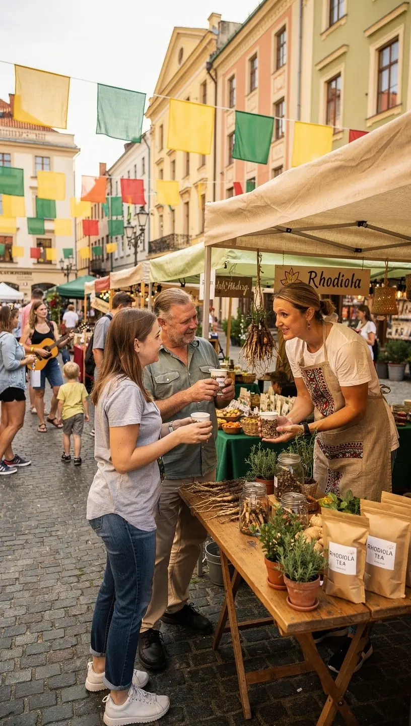 Rhodiolos arbatos puodelis su šviežiais lapeliais.