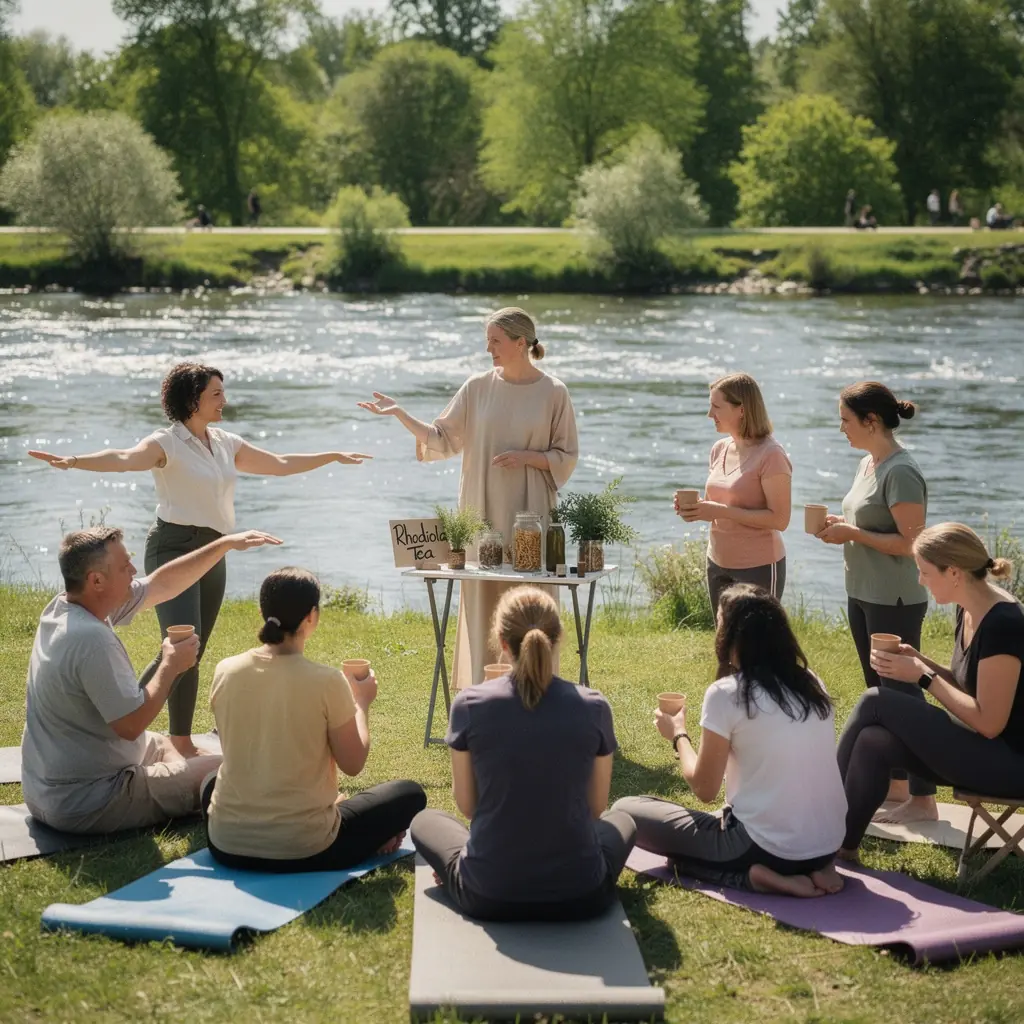 Rožių žiedų puodelis su Rhodiola arbata, skirta streso mažinimui ir kraujo spaudimui palaikyti.