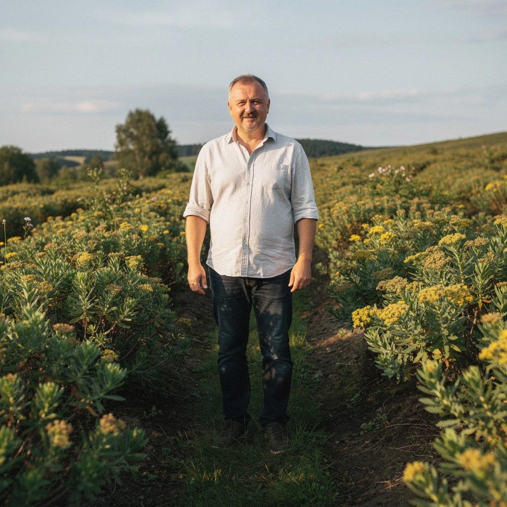 Puodelis arbatos su rodijola ant stalo, aplink kurį matosi natūralūs ingredientai.